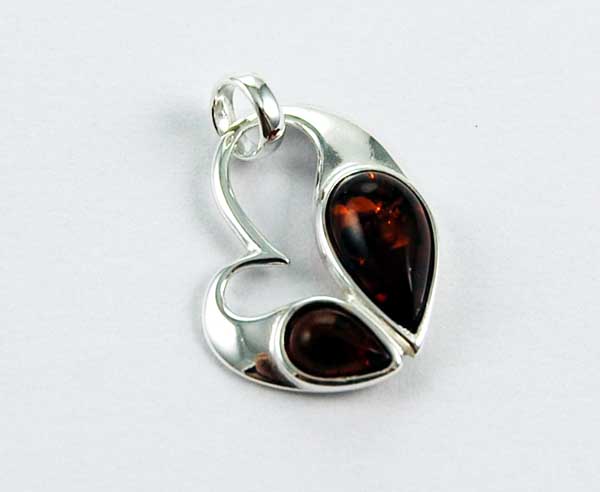 Pendant Amber Silver Heart Double Stone Cognac Colour