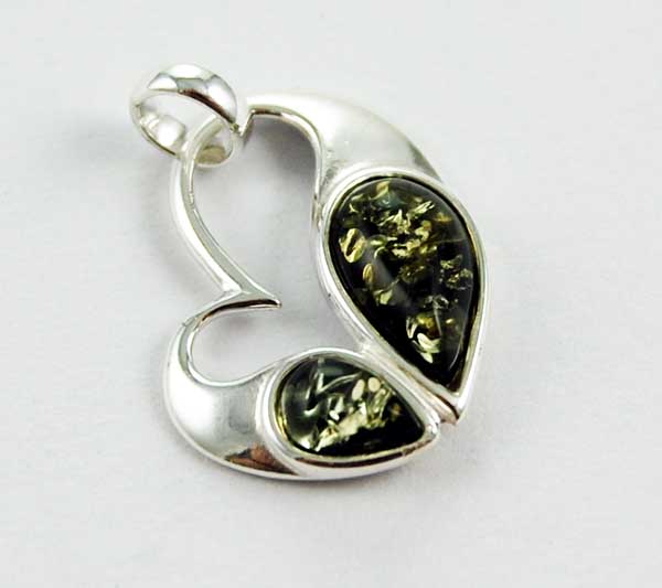 Pendant Amber Silver Heart Double Stone Green Colour