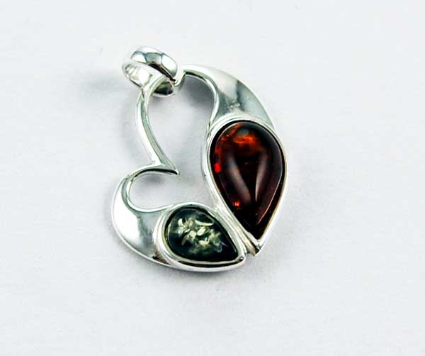 Pendant Amber Silver Heart Double Stone Cognac And Green Colour