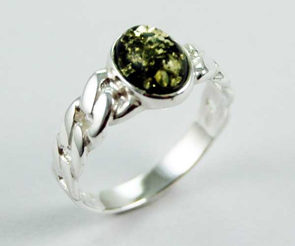 Ring Amber Silver Circle With Twisted Design Green Colour