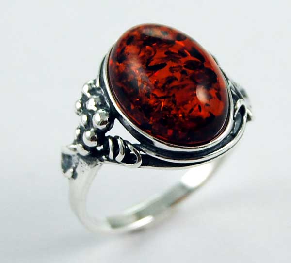 Ring Amber Silver Floral Design With Circle Stone Cognac Colour