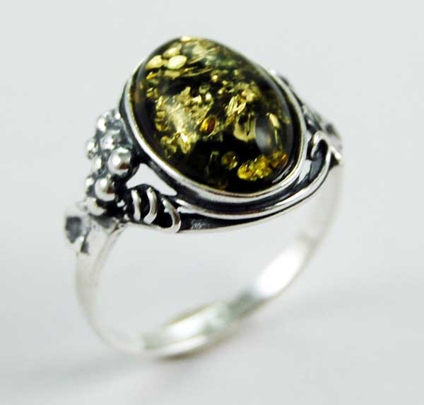 Ring Amber Silver Floral Design With Circle Stone Green Colour