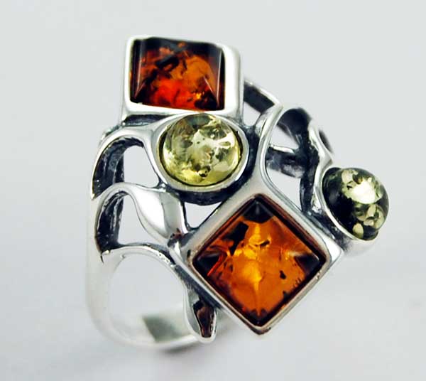 Ring Amber Silver Shaped Stones Multi Colour