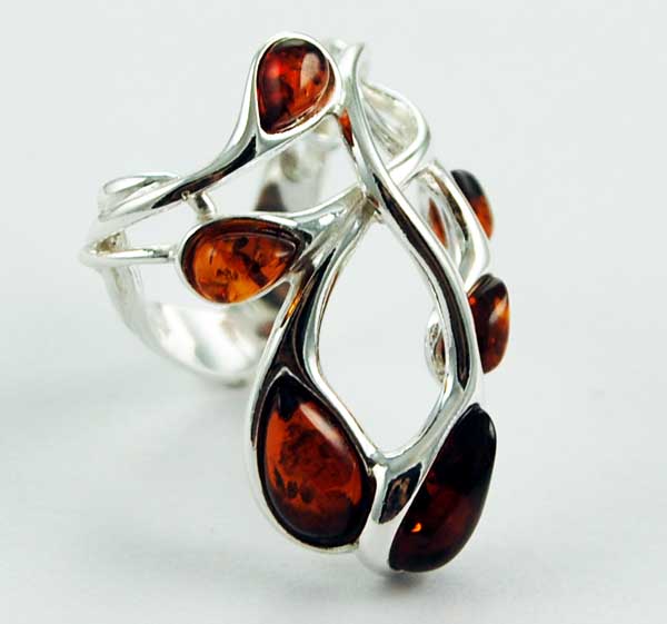 Ring Amber Silver Stone Branch Cognac Colour
