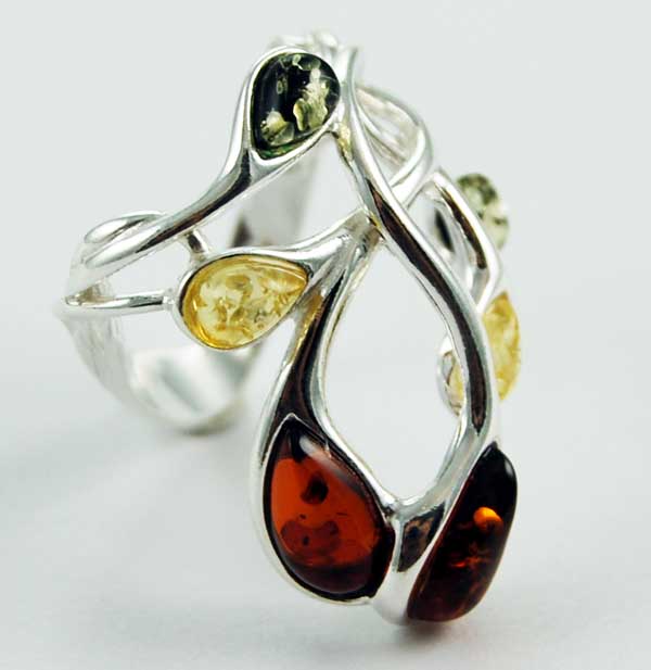 Ring Amber Silver Stone Branch Green Colour