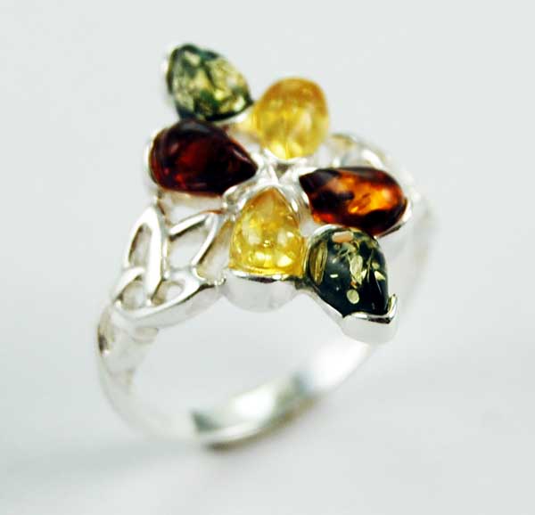 Ring Amber Silver Multiple Stones Multi Colour