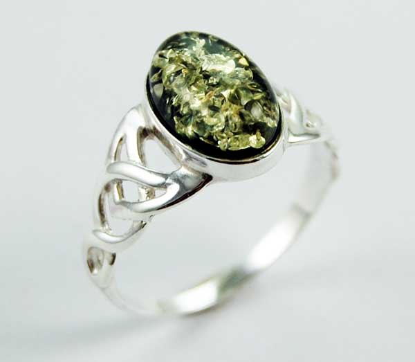 Ring Amber Silver Oval Stone With Celtic Design Green Colour