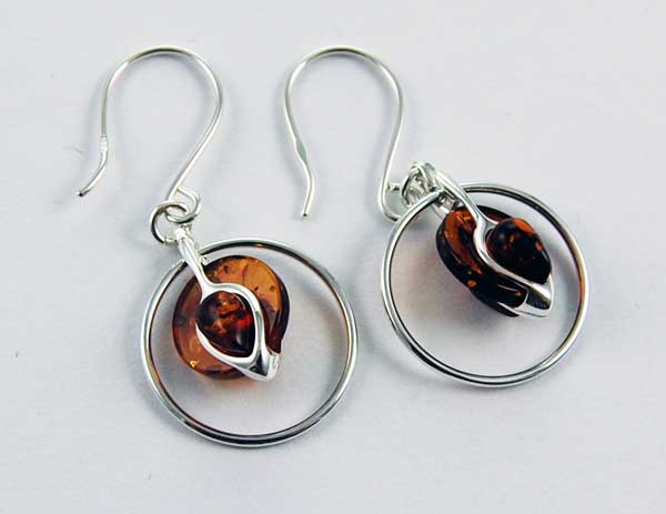Earring Amber Silver Circle Stone Drop Cognac Colour