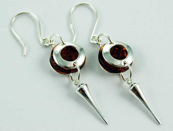 Earring Amber Silver Circle Stone With Pointed Dropper Cognac Co
