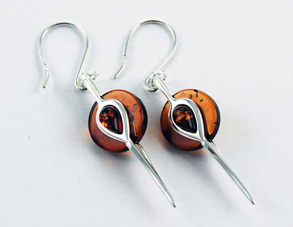 Earring Amber Silver Moveable Circle Stone With Pointed Dropper