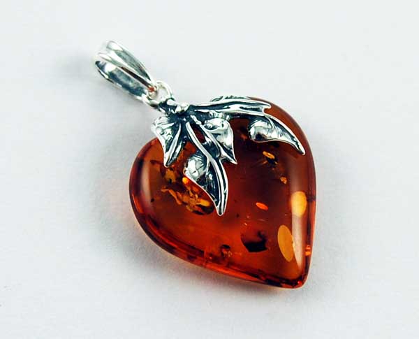 Pendant Amber Silver Leaf On Heart Cognac Colour