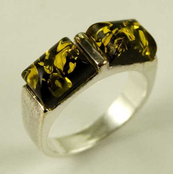 Amber Ring  Green 2 Rectangle 925 Sterling Silver