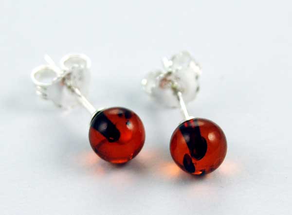 Earring Amber Ball Stud Cognac Colour