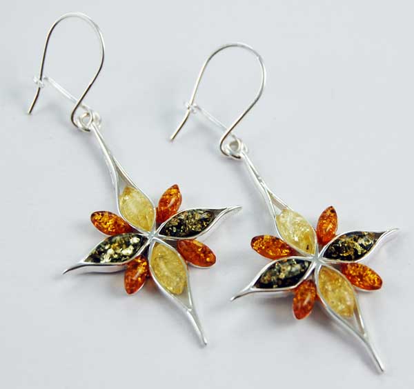 Earring Amber Floral Drop With Eight Stones Cognac Colour