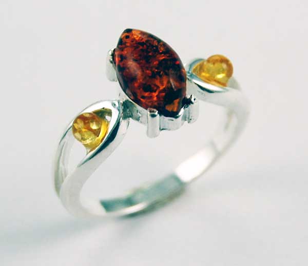 Ring Amber Oval Stone With Two Stone Balls Cognac Colour