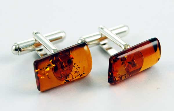 Cufflinks Amber Rectangle Shape Stone Cognac Colour
