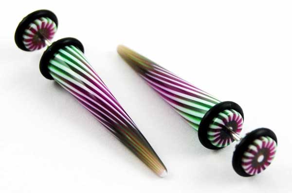 Body Piercing Expander Fake Stripy Three Tone Colour 8mm 2pcs
