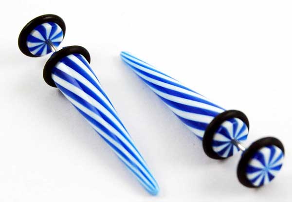 Body Piercing Expander Fake Stripy Blue And White 8mm 2pcs