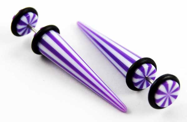 Body Piercing Expander Fake Stripy Purple And White 8mm 2pcs
