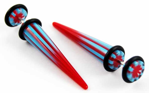 Body Piercing Expander Fake Part Stripe Blue And Red 8mm 2pcs