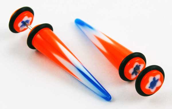 Body Piercing Expander Fake Flower Orange Blue And White 8mm 2pc