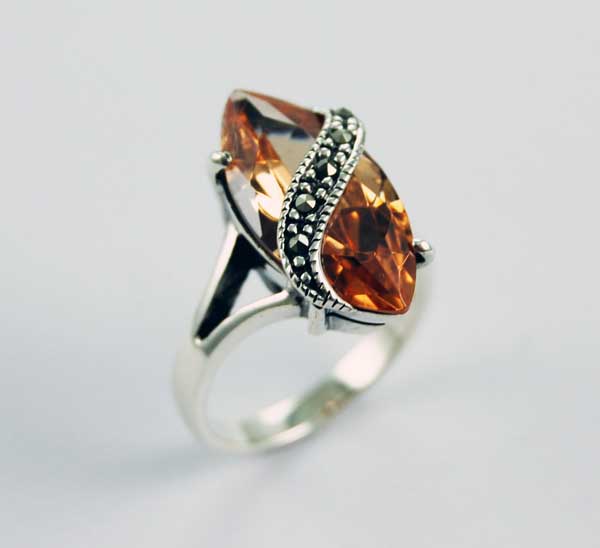 Ring Silver Oval Point Stone Citrine With Marcasite Strip