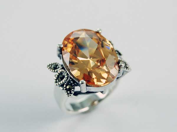 Ring Silver Oval Stone Citrine With Marcasite Sides