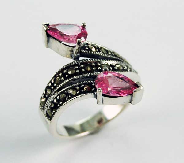Ring Silver Double Stone Pink With Marcasite