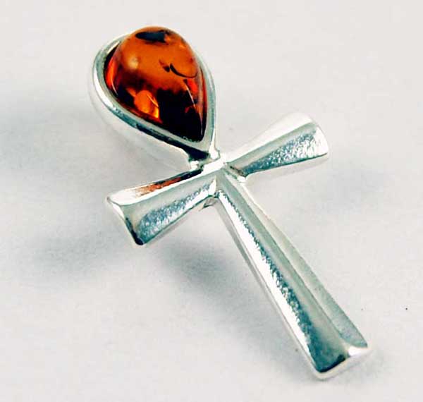Pendant Silver Amber Ankh With Stone