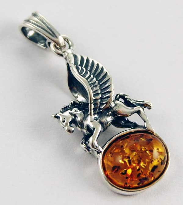 Pendant Silver Amber Cognac Unicorn Standing With Stone