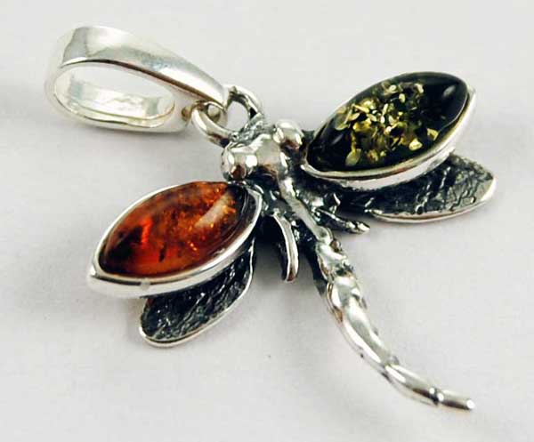 Pendant Silver Amber Multi Dragonfly