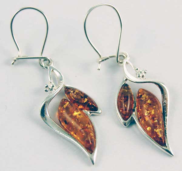 Earring Silver Amber Cognac Double Stone