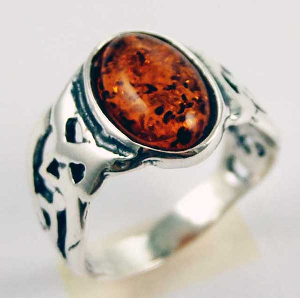 Earring Silver Amber Cognac Celtic Design With Oval Stone