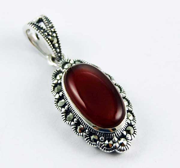 Pendant Silver Marcasite Oval Inset Red