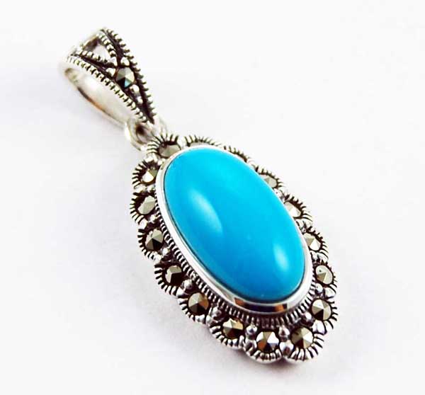 Pendant Silver Marcasite Oval Inset Turquoise