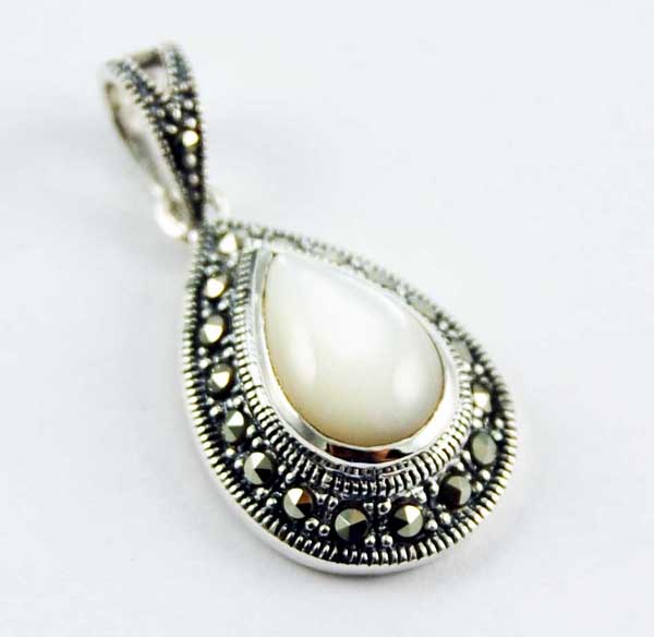 Pendant Silver Marcasite Tear Drop Mother Of Pearl