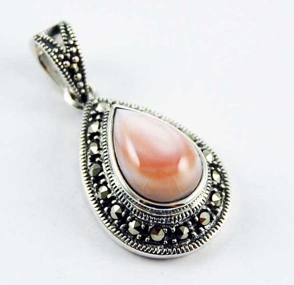 Pendant Silver Marcasite Tear Drop Pink Mother Of Pearl