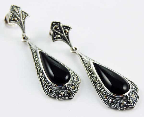 Earring Silver Marcasite Long Tear Drop Onyx