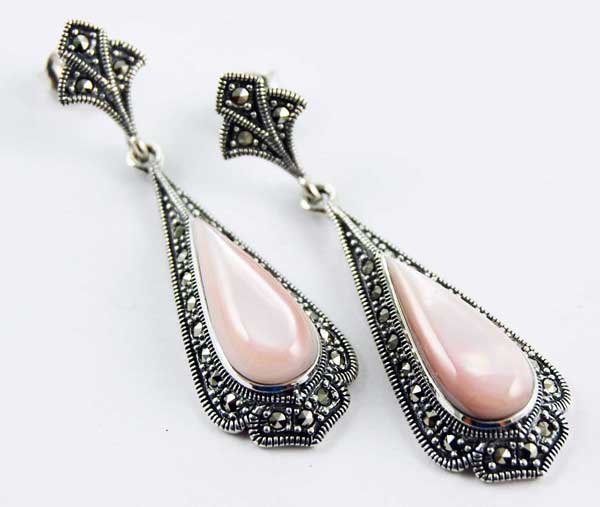 Earring Silver Marcasite Long Tear Drop Pink Mother Of Pearl