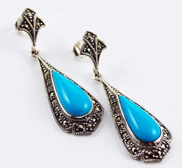 Earring Silver Marcasite Long Tear Drop Turquoise
