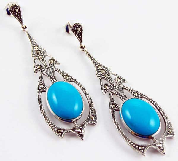 Earring Silver Marcasite Fancy Cut Oval Drop Turq