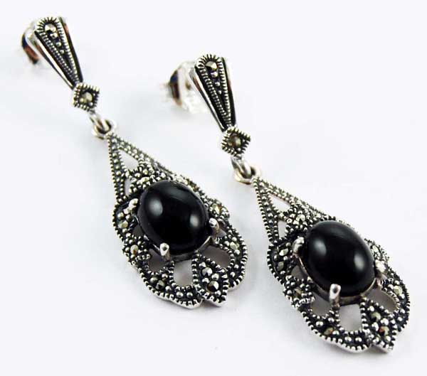 Earring Silver Marcasite Fancy Cut Oval Claw Set Drop Onyx