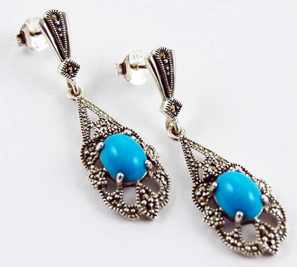 Earring Silver Marcasite Fancy Cut Oval Claw Set Drop Turquoise
