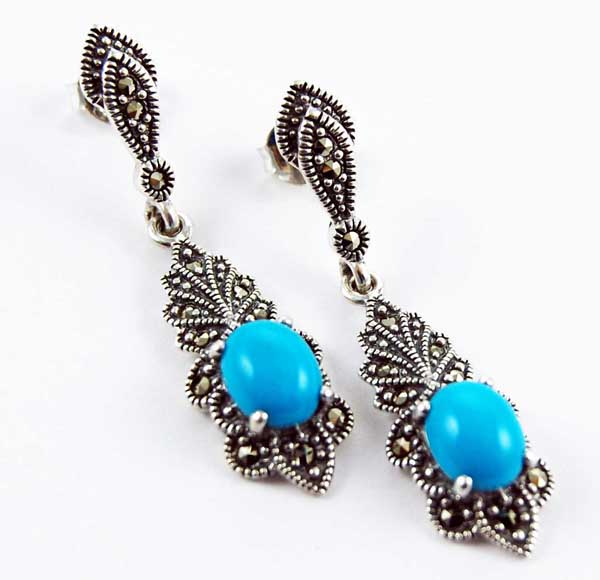 Earring Silver Marcasite Fancy Claw Set Drop Turquoise