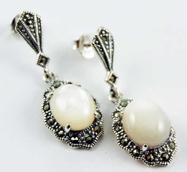 Earring Silver Marcasite Floral Edged Claw Set Stone Mop