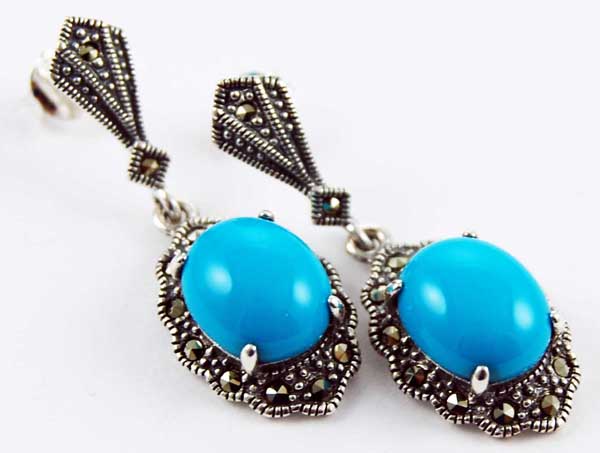 Earring Silver Marcasite Floral Edged Claw Set Stone Turquoise