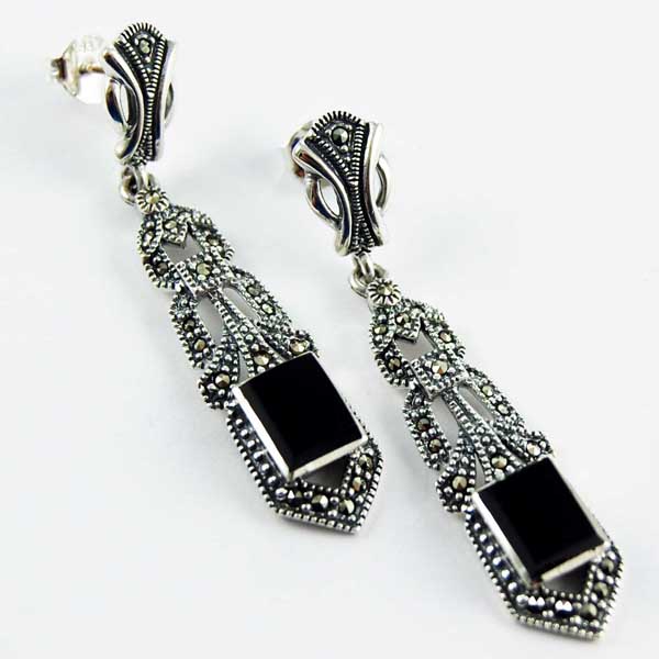 Earring Silver Marcasite Point Square Stone Drop Onyx