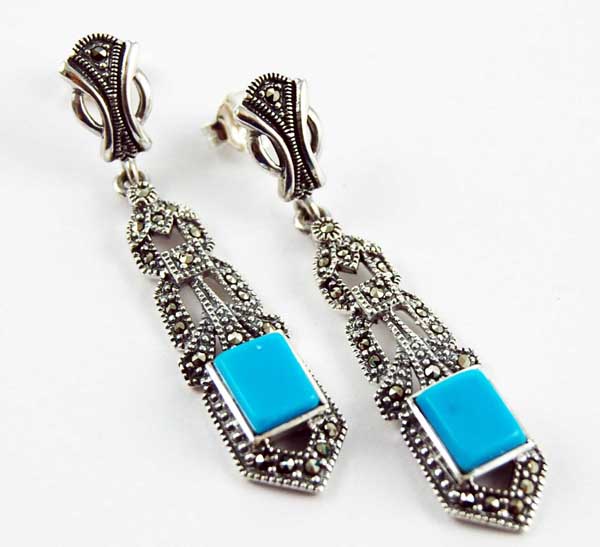 Earring Silver Marcasite Point Square Stone Drop Turquoise