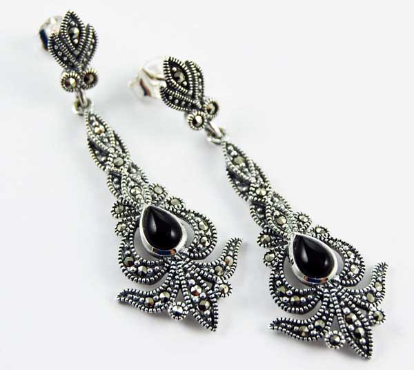 Earring Silver Marcasite Fanciful Drop With Teardrop Stone Onyx