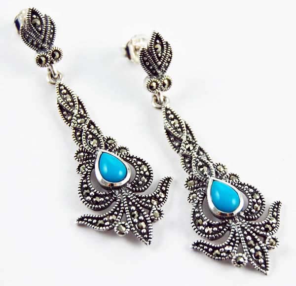 Earring Silver Marcasite Fanciful Drop With Teardrop Stone Turq